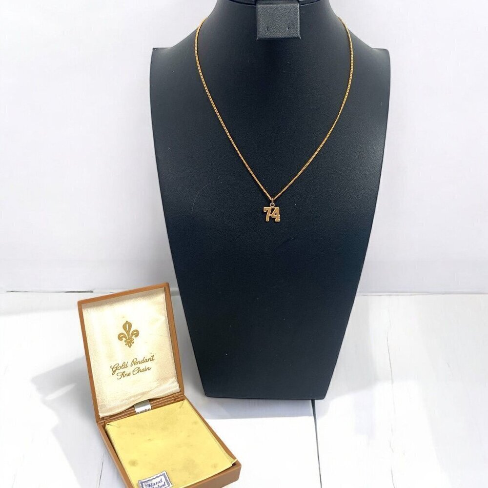 Vintage "74" Pendant Necklace 16"L Gold Tone Finish In Original Presentation Box